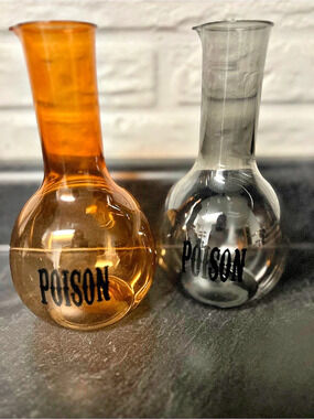 Two Glass Poison Bottle Vases in Orange & Gray